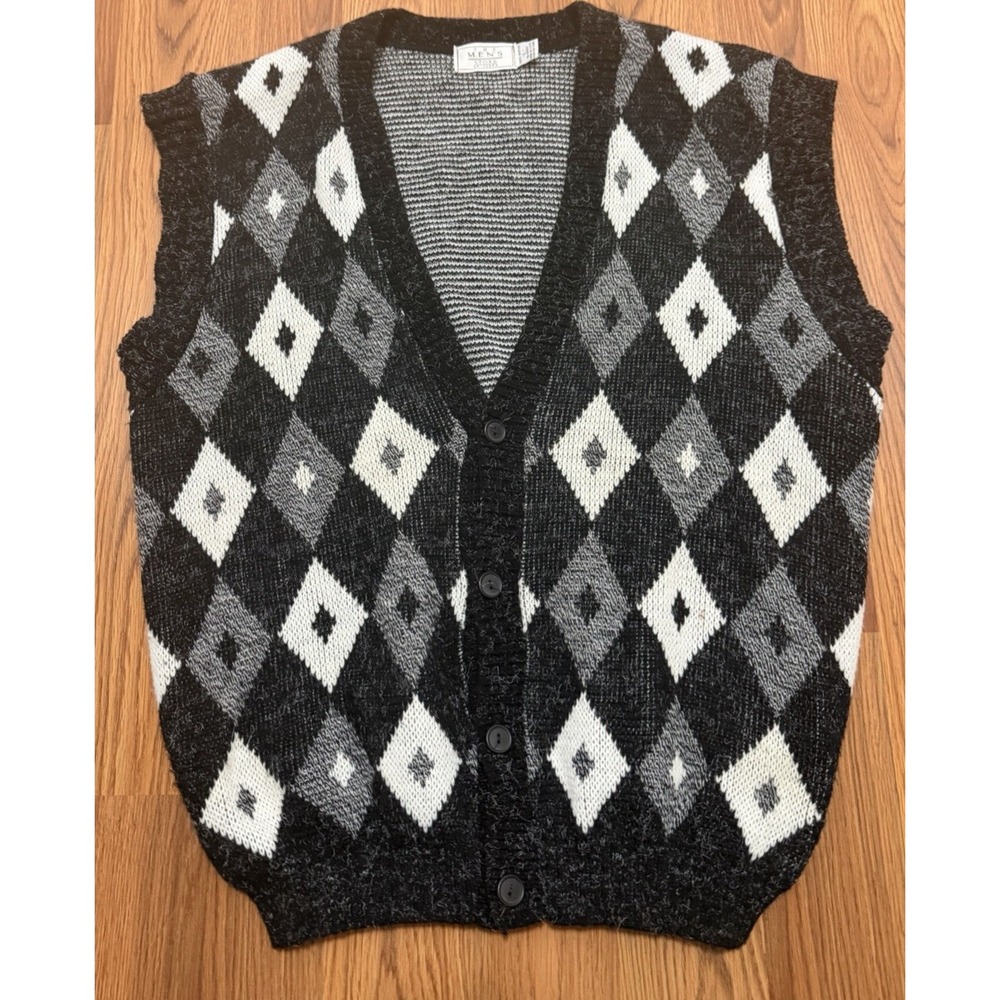 Vintage Sears Mens Large Argyle Cardigan Sweater Vest Made In USA